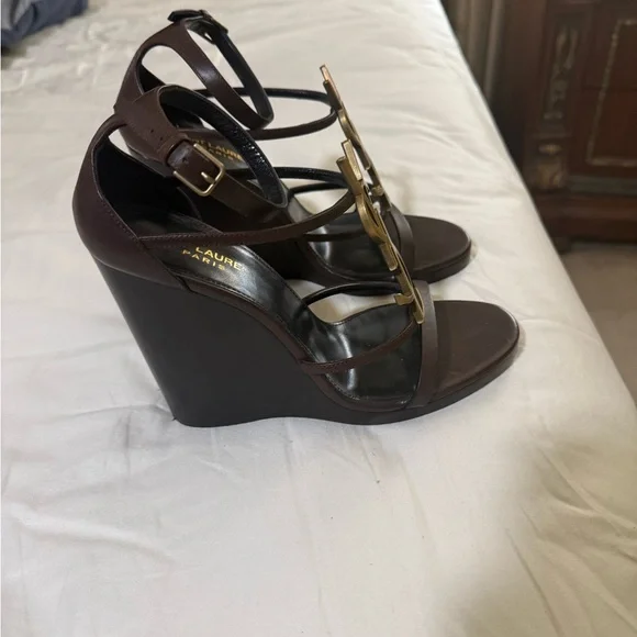 Saint Laurent Dark Brown Heels with Gold Logo - Picture 3 of 6